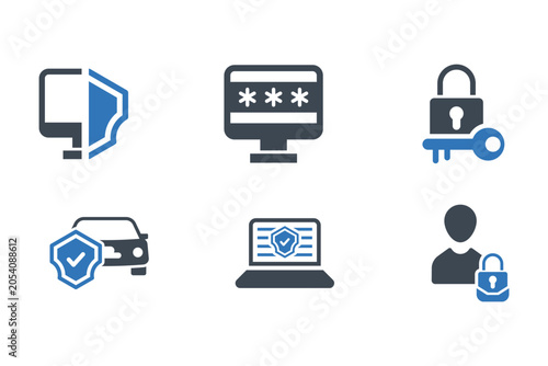 Digital security icons with computer car and user lock symbols against a white background concept