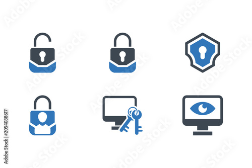 Digital security icons with locks keys and eye symbol on white background
