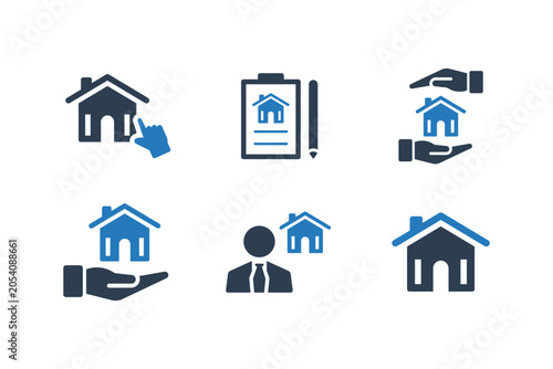 Real Estate Icons with House Symbols in Blue and Dark Blue on White Background Representing Property Services