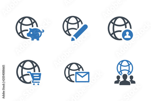 Global network icons with financial communication and user management concepts on white background