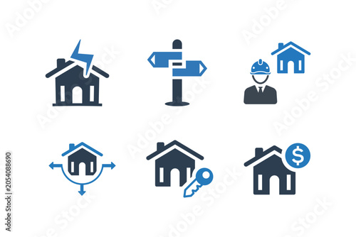 Set of modern flat icons depicting real estate concepts including damage decision making and investment