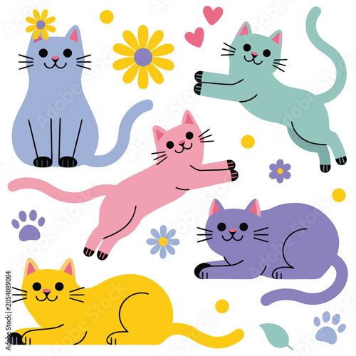 International Cat Day Celebration with Adorable Cats, Colorful Floral Elements and Modern Vector Design