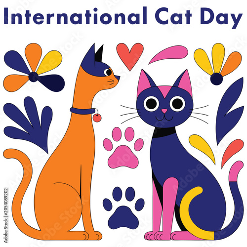 Happy International Cat Day Background with Cats Paw Prints and Floral Decorations