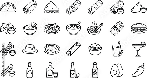 Fotografie Mexican food and culture icons set featuring traditional cuisine tacos nachos tequila skull and guitar line art