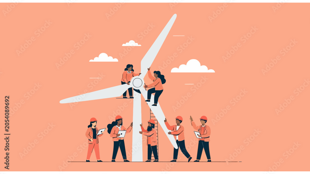 Obraz premium Diverse Team of Engineers Working on Large Wind Turbine for Renewable Energy Concept
