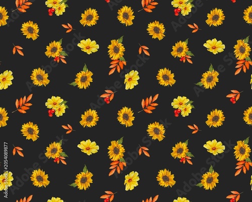 Watercolor autumn sunflower and rowan berry seamless pattern