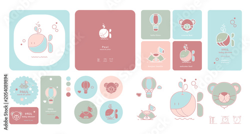 Children's vector artwork featuring four charming baby designs. Perfect for baby shower invitations, newborn cards, stickers, tags, labels and stationery templates.