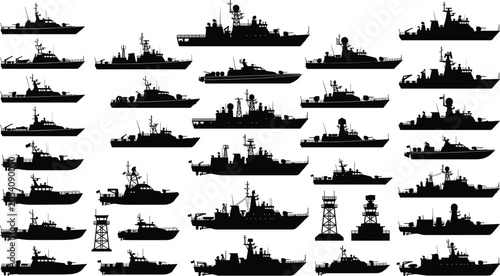 Naval Fleet Silhouette Set Featuring Modern Corvettes, Frigates, Patrol Boats, and Coastal Defense Warships Equipped with Radar and Missile Systems Vector Illustration