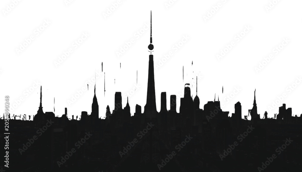 Fototapeta premium Cityscape silhouette displays an intricate urban skyline with a distinct central spire set against a white background to provide a clean area for creative branding or layout integration.