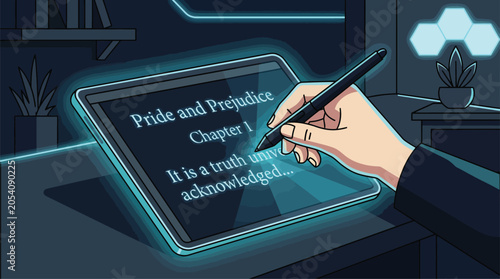 Fotografija Person writing Pride and Prejudice on a digital tablet screen.