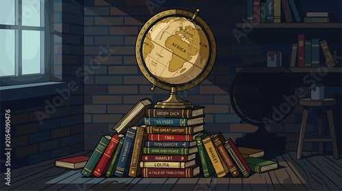 Canvastavla Vintage terrestrial globe resting on a stack of old books.