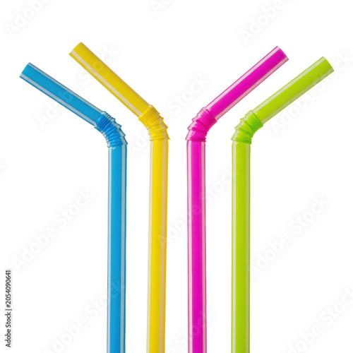 Four individual translucent plastic drinking straws with vibrant dual-color stripes (blue, yellow, magenta, green), bent joints, on transparent background. Promotional novelty concept for