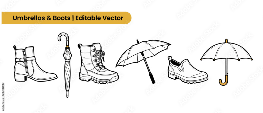 Obraz premium Rain boots and umbrella vector set for autumn weather design elements showing hand-drawn outlines of waterproof footwear, winter shoes, and open umbrellas on white background for seasonal project art.