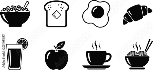 Foto Breakfast food and beverage silhouette vector icon set with coffee egg bread noodles cereal and fruit for menu design