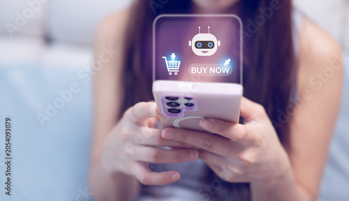 Bild auf Leinwand Person using a smartphone with AI shopping assistant and purchase interface, rep