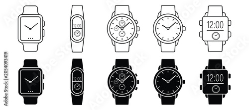 Принти на полотні Set of black and outline watch icons, various styles of wristwatches, timekeeping and fashion accessories symbols