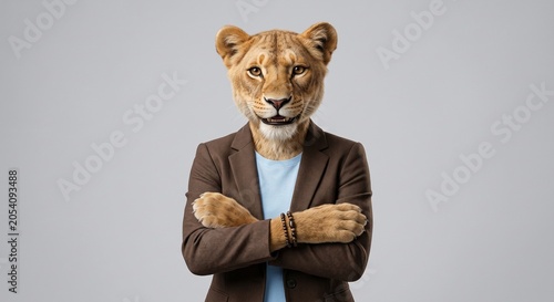 Surreal portrait of a confident anthropomorphic lioness wearing a brown blazer standing with crossed arms against a plain grey background