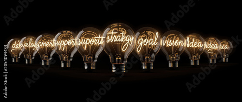 Illuminated Light Bulbs with Business Concepts Written in Neon Light.