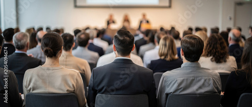 Audience attending a business conference or seminar with speakers on stage.