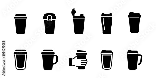 Cuadro en lienzo Travel mug icon set solid reusable tumbler open lid handle for cafe UI