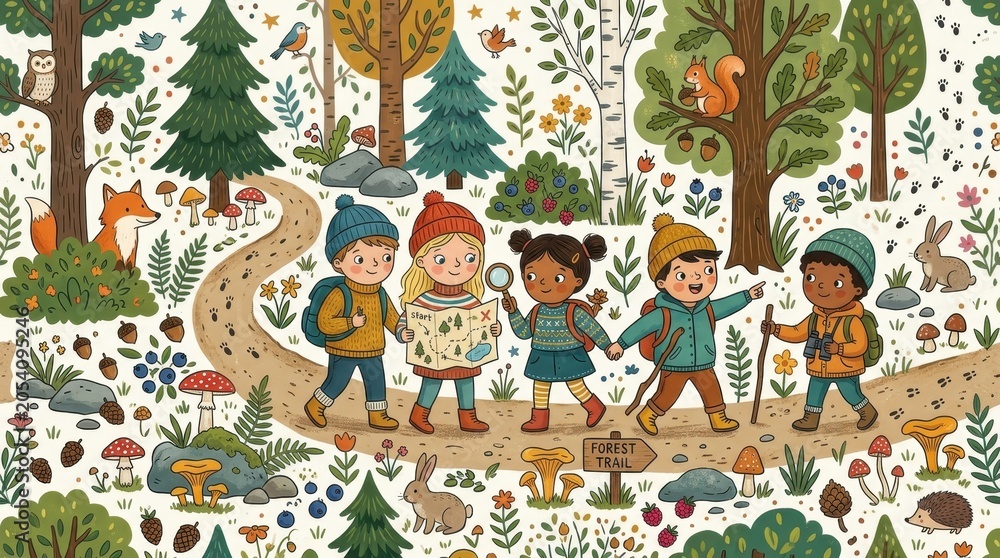 Fototapeta premium Diverse children explore a vibrant forest trail, looking at a map and nature details