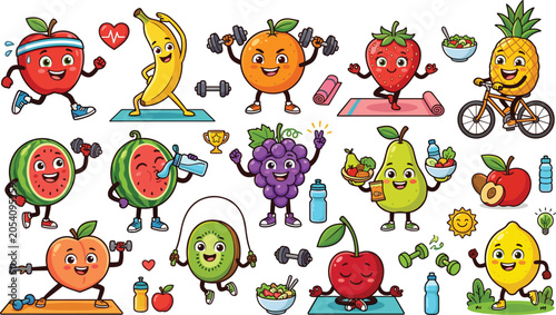 Cute Cartoon Fruit Fitness and Healthy Lifestyle Character Set Featuring Apple Running, Banana Yoga, Orange Weightlifting, and Pineapple Riding Bicycle Vector Illustration