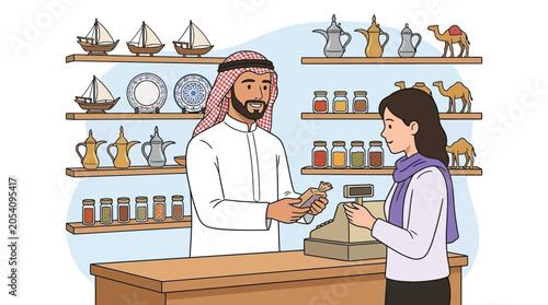 Fotografía Middle Eastern Shopkeeper Serves Customer in Souvenir Shop