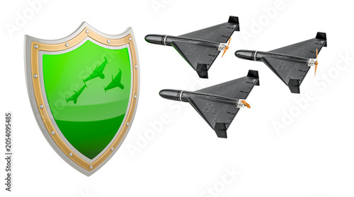 Photos Shield facing black flying drones, concept of anti drone defense, airspace prote