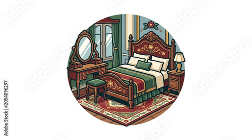 Obraz na plátně Ornate antique bedroom with a large bed and vanity.
