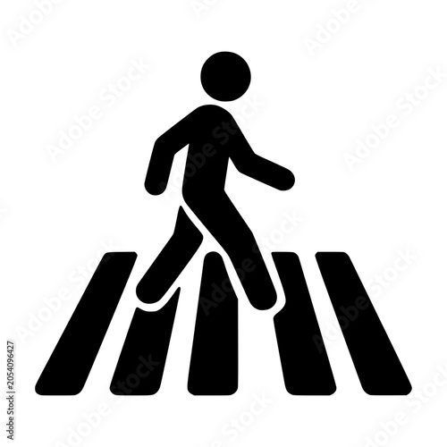 Pedestrian Crossing Symbol: A simple black silhouette of a person walking across a striped pedestrian crossing, indicating a safe path for foot traffic.