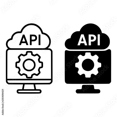 API Cloud Connection: Two icons representing a computer screen displaying a gear, topped with a cloud labeled API.