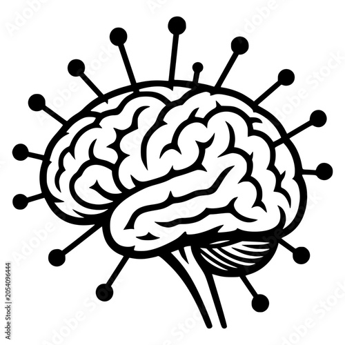Brain Connected to Ideas: A stylized illustration of a human brain with multiple connections radiating outwards, symbolizing thought processes, creativity, and the generation of new ideas.
