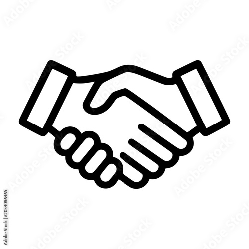 Handshake Icon: A simple, modern line art illustration depicts two hands clasped in a handshake, symbolizing agreement, partnership, and trust.