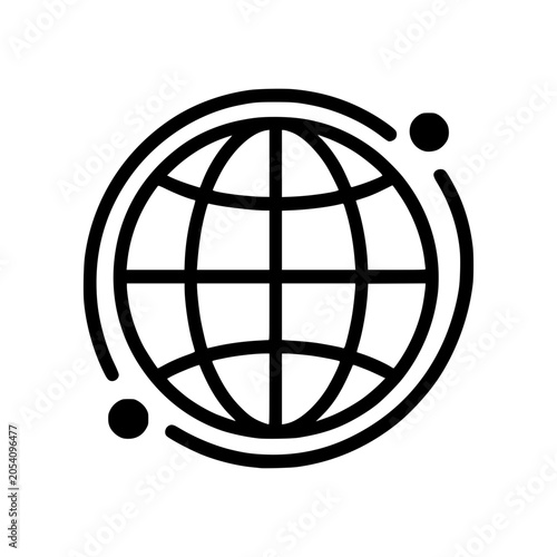 Global Network Icon: A stylized black and white icon depicting a globe with a grid pattern, encircled by two arcs and two dots, representing connectivity and global reach.