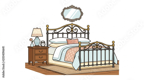 Εκτύπωση καμβά Vintage wrought iron bed with bedside table and lamp.