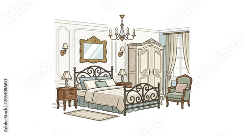 Schilderij op canvas Elegant bedroom interior design with ornate furniture and decor.