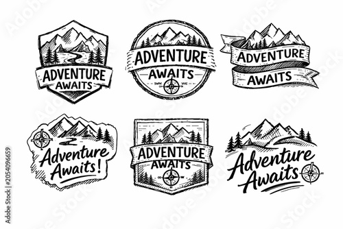 Set of hand drawn outdoor adventure badges and emblems, featuring mountains, forests, and compass elements with adventure awaits lettering, ideal for travel and exploration themes