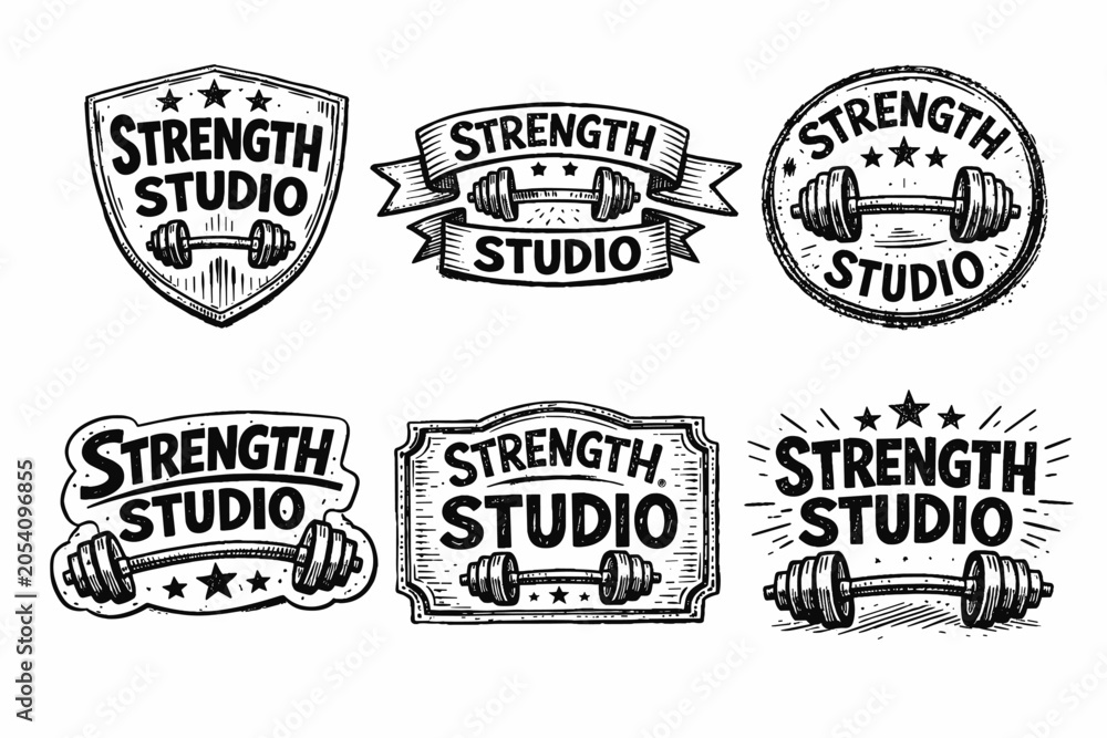 Fototapeta premium Strength studio emblem collection featuring hand-drawn vintage style designs with barbells, stars, and text, perfect for fitness branding, gym logos, and workout merchandise