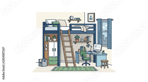 Cozy Bunk Bed Room with Desk and Wardrobe Illustration.