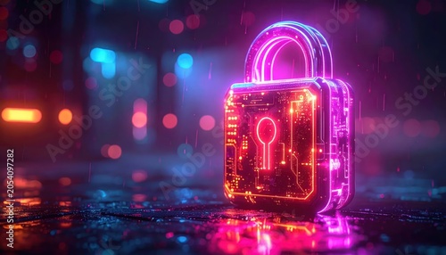 Cybersecurity padlock glowing with neon lights in a futuristic city.