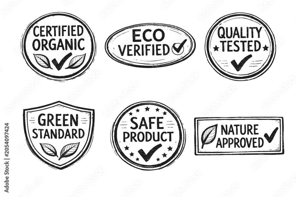 Fototapeta premium Drawing eco-friendly labels, organic product stamps, and nature approved badges, creating a set of certified quality tested and green standard verified symbols