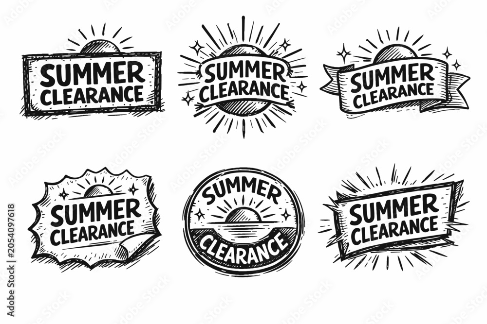 Fototapeta premium Summer clearance sale tags collection showcasing hand-drawn vintage style labels and badges, perfect for seasonal promotions, sun symbols, and retro discount offers