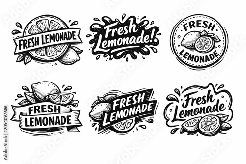 Fresh lemonade emblems set, illustrating vintage hand-drawn citrus designs and logos, perfect for summer drinks, natural beverages, and organic product branding concepts
