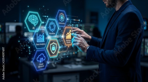 Man interacts with glowing hexagonal digital interface showing business concepts