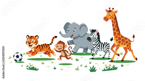 Photography Wild animals playing soccer on grassy field with flowers and green