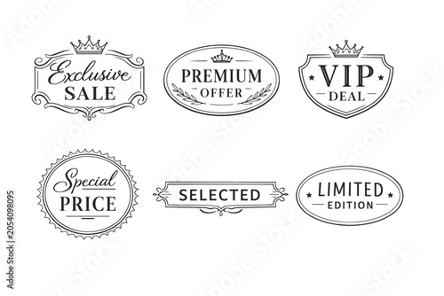 Vintage exclusive sale badges set including premium offer, vip deal, special price, selected, and limited edition labels, all featuring a hand-drawn vector design style