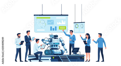 Business people around a robot.