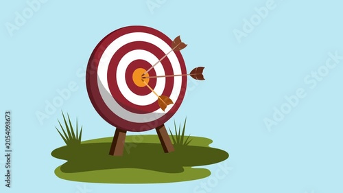 Archery target on a grassy patch with two arrows hitting the bullseye animation
