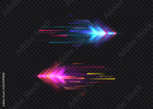 A set of vibrant arrows with clean lines, vibrant backlighting, and a dynamic acceleration effect. Illuminated arrows for directional and speed effects, web design, and illustrations. Vector on a dark