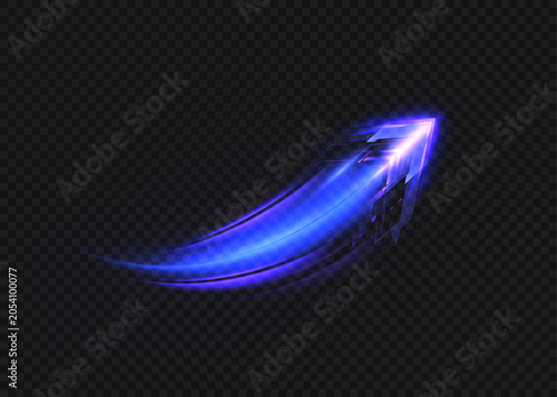 Light effect of high-speed movement of the speed of light along a curved trajectory of bright blue-violet flickers. Dynamic movement of a high-speed arrow of light energy.	
